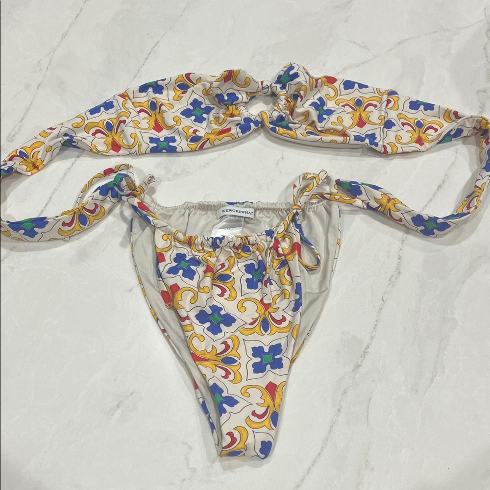 WeWoreWhat White Bikini with Blue & Yellow Tile Motif